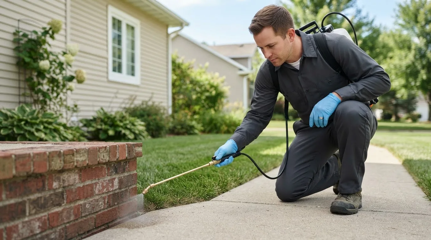 Pest control technician treating a home near Whitsett, TX