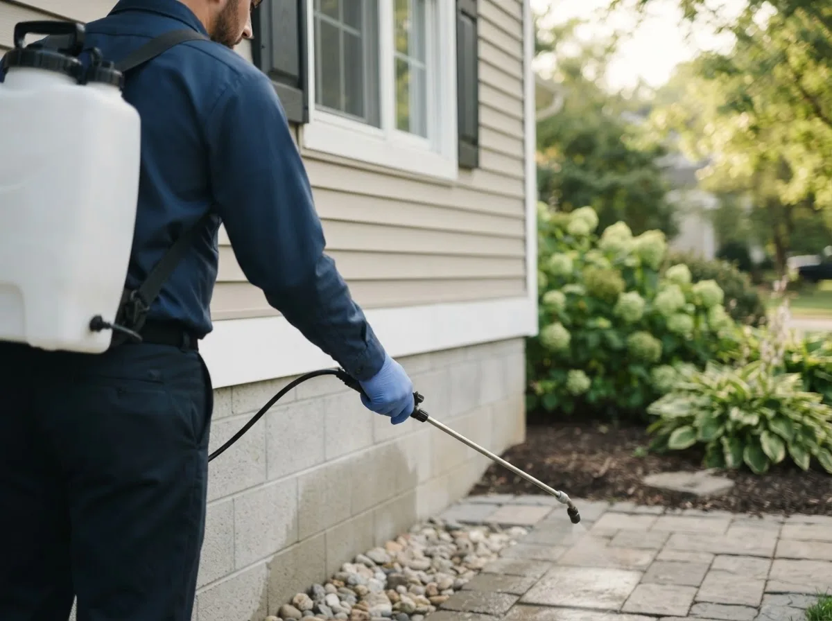 Pest control technician inspecting a home in Whitsett, TX